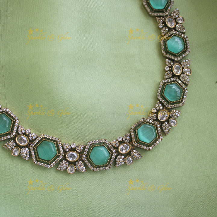 Statement Floral stone victorian AD short necklace - mint green