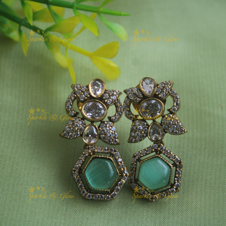Statement Floral stone victorian AD short necklace - mint green
