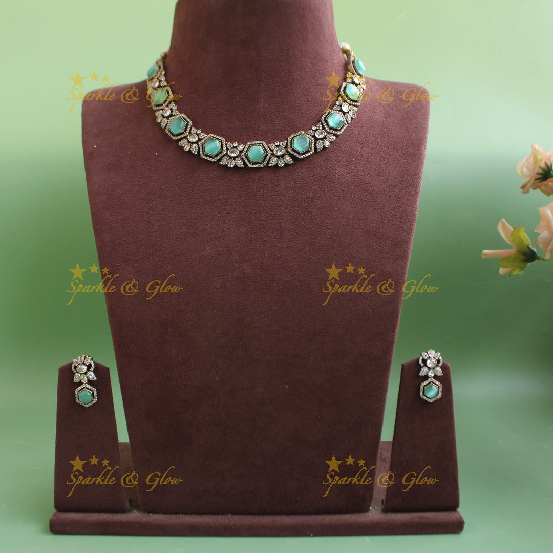 Statement Floral stone victorian AD short necklace - mint green