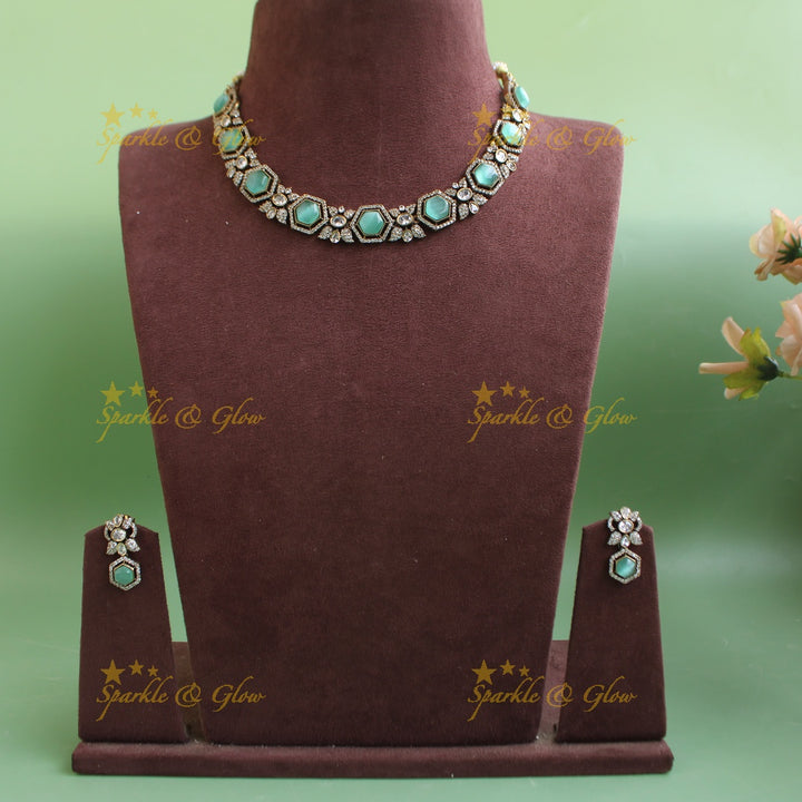Statement Floral stone victorian AD short necklace - mint green