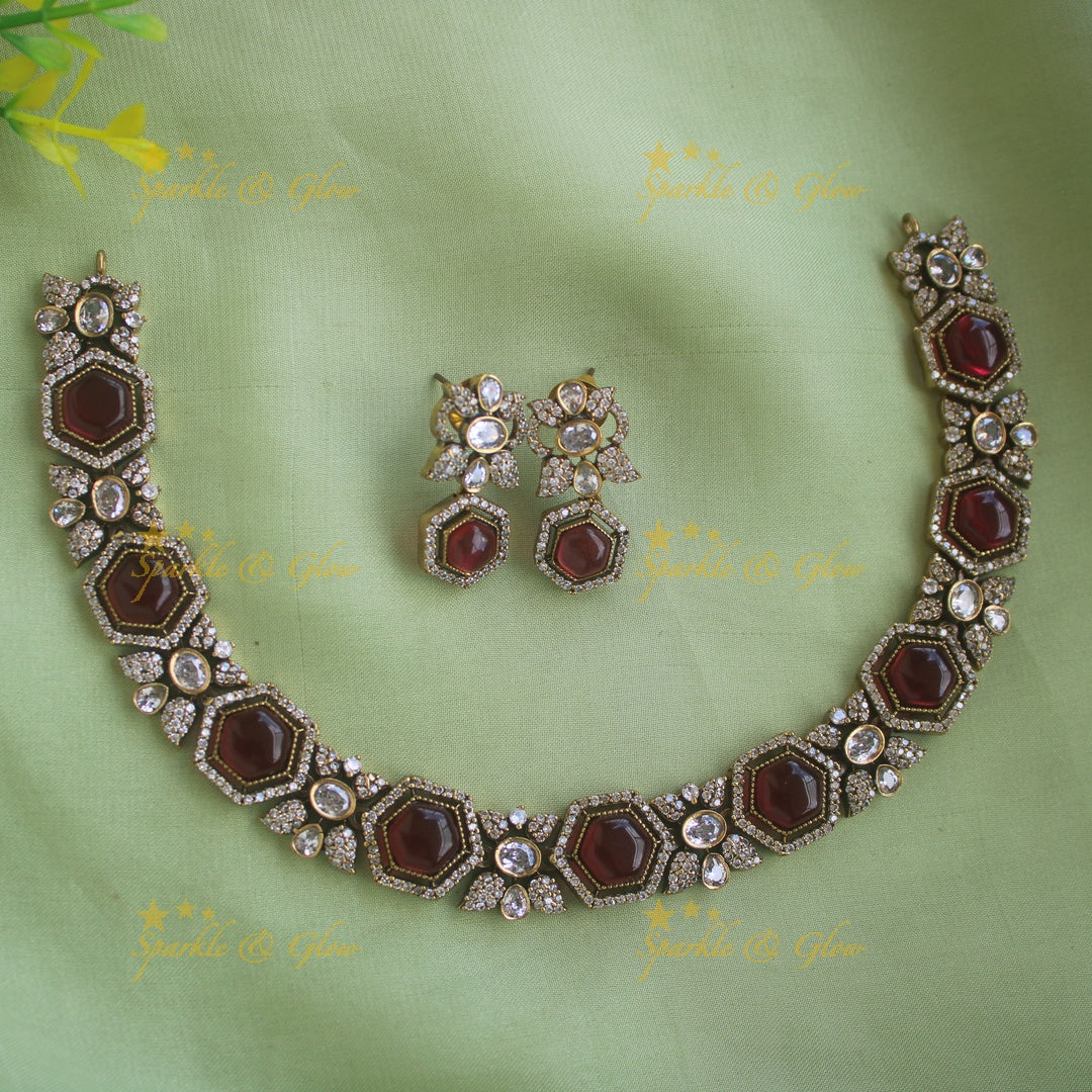 Statement Floral stone victorian AD short necklace - maroon