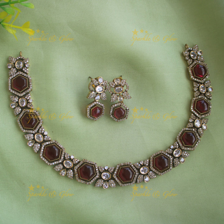 Statement Floral stone victorian AD short necklace - mint green