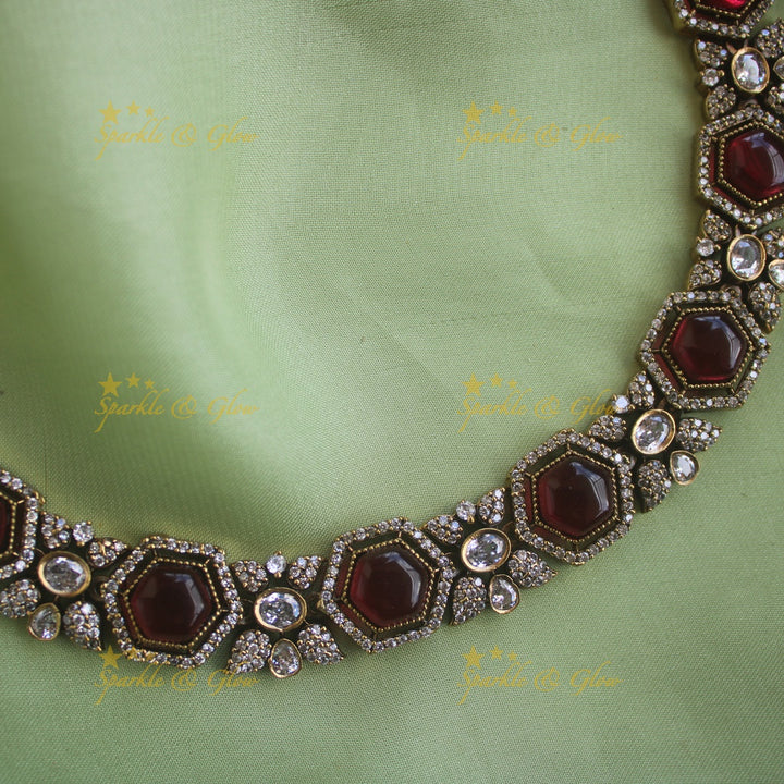 Statement Floral stone victorian AD short necklace - maroon