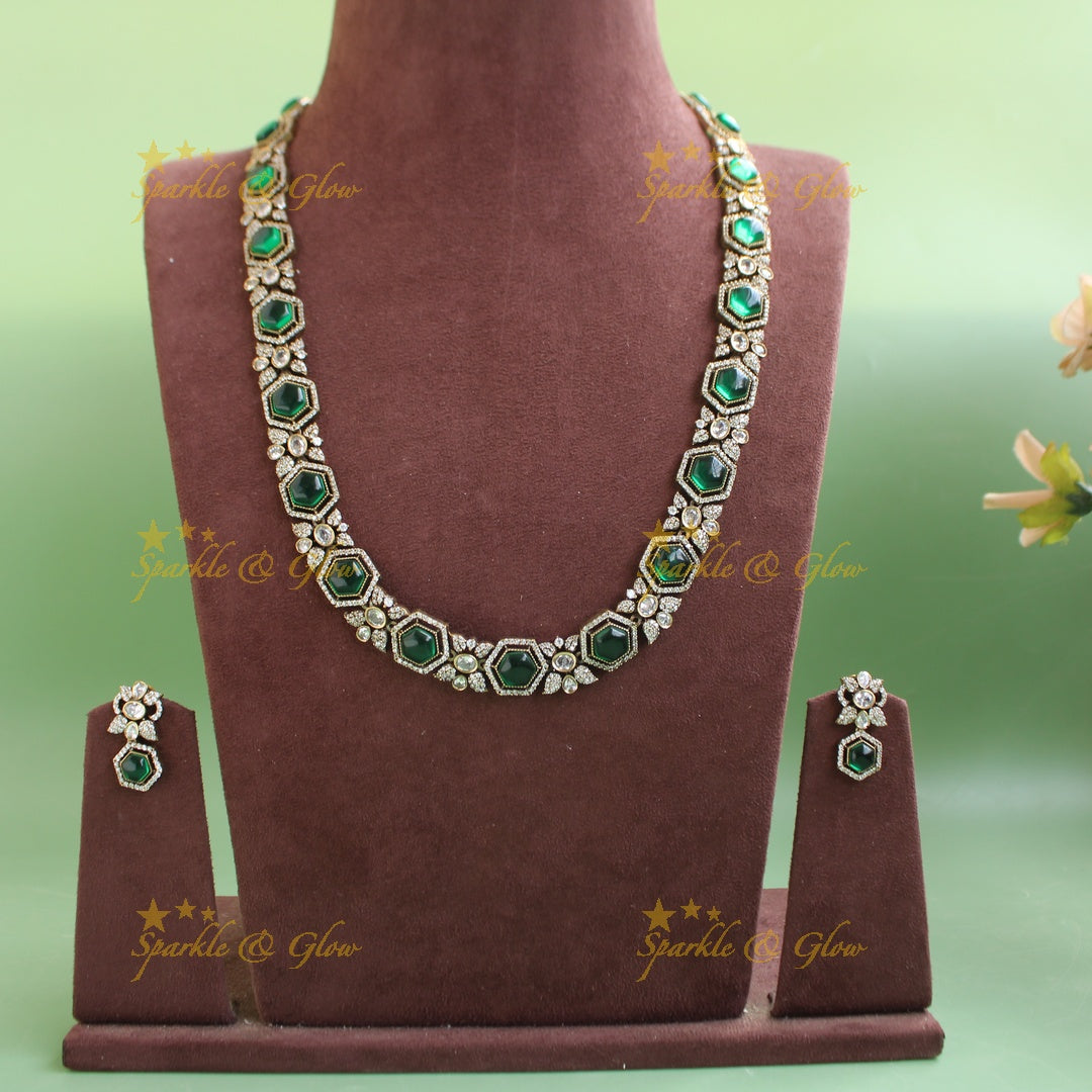 Gorgeous Floral stone victorian AD long necklace - green