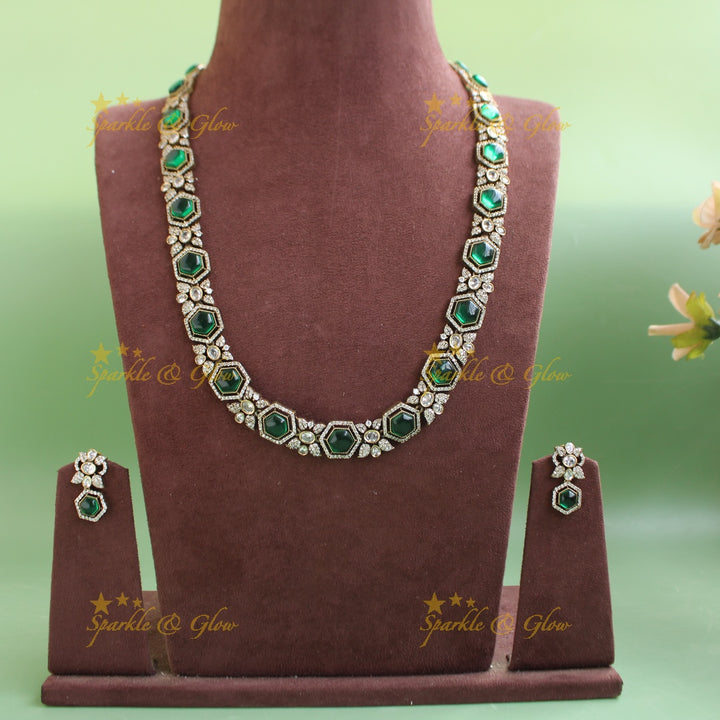 Gorgeous Floral stone victorian AD long necklace - green