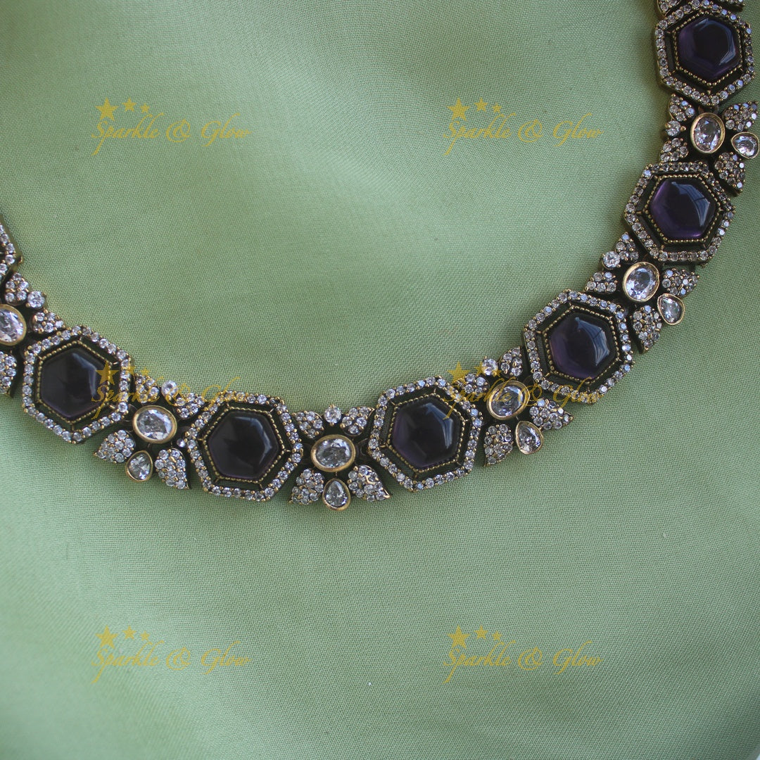 Gorgeous Floral stone victorian AD long necklace - purple