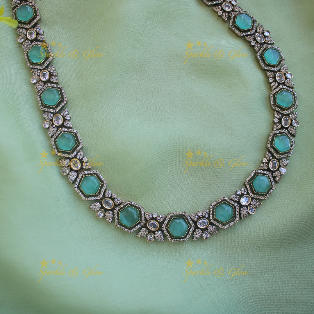 Gorgeous Floral stone victorian AD long necklace - mint green