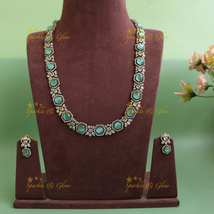 Gorgeous Floral stone victorian AD long necklace - mint green