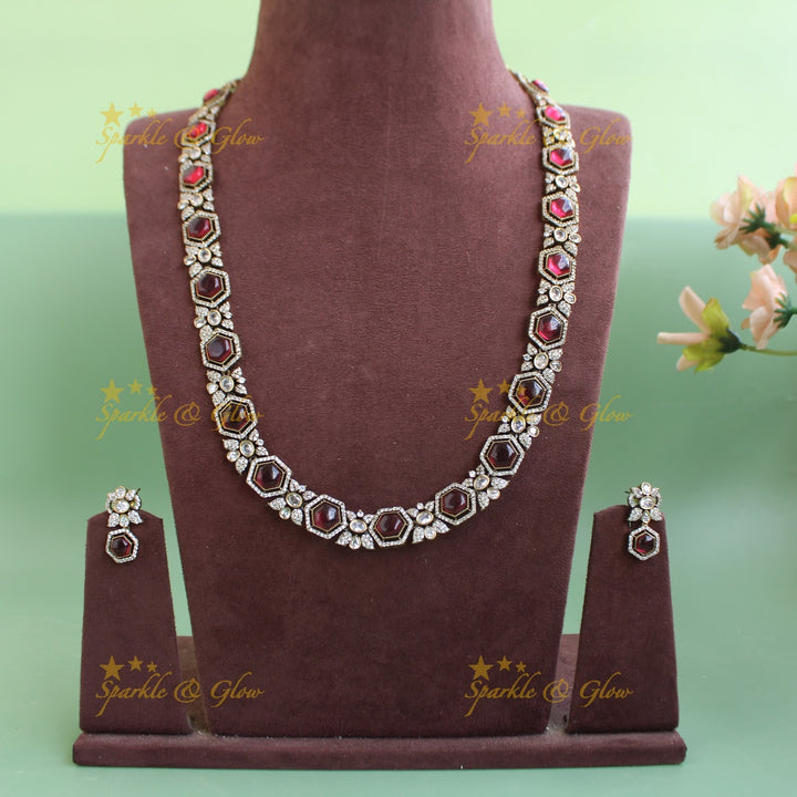 Gorgeous Floral stone victorian AD long necklace - maroon