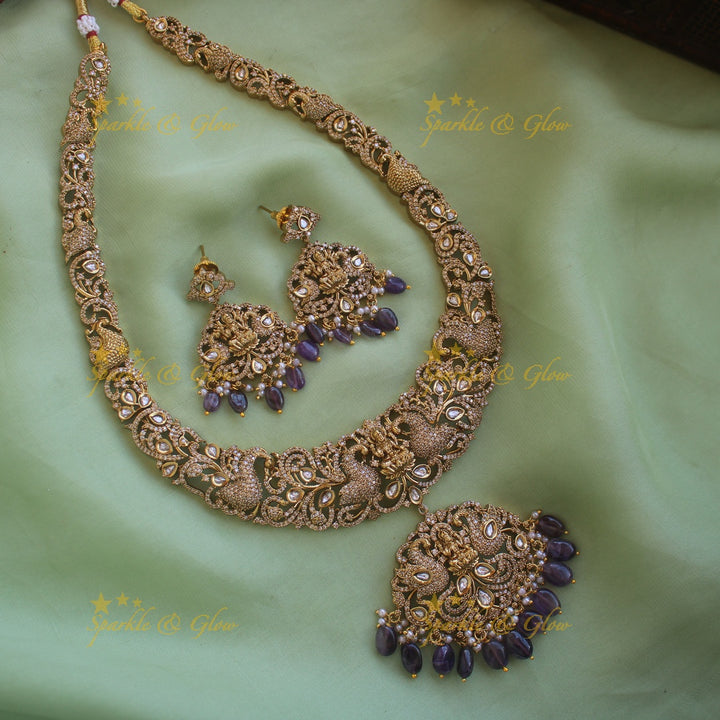 Grand intricate Lakshmi peacock carved victorian AD long necklace with mint green beads