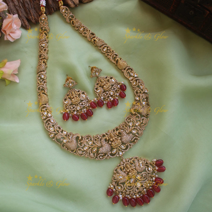 Grand intricate Lakshmi peacock carved victorian AD long necklace with red beads