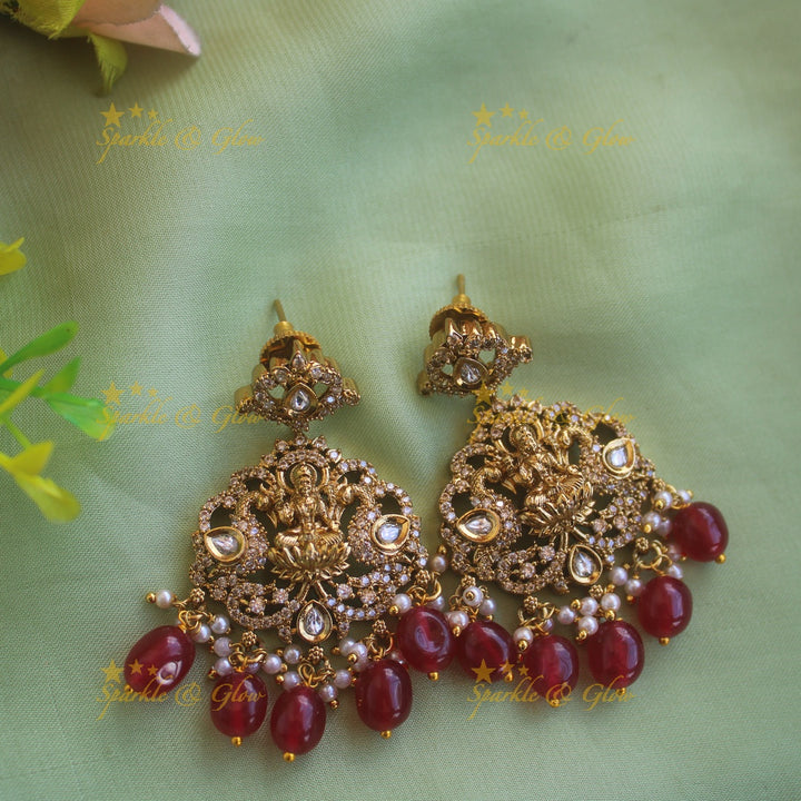 Grand intricate Lakshmi peacock carved victorian AD long necklace with red beads