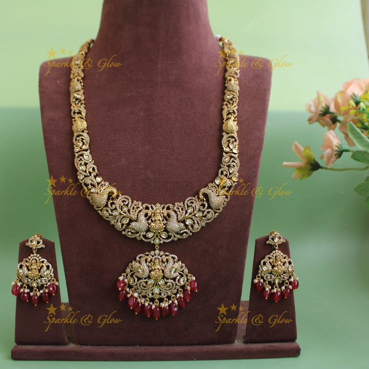 Grand intricate Lakshmi peacock carved victorian AD long necklace with red beads