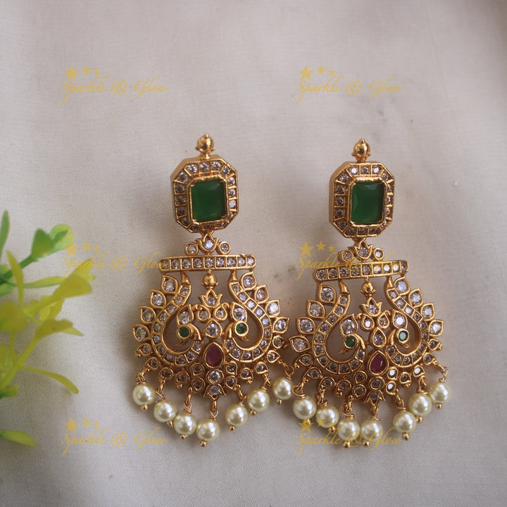 Statement Peacock pandent short necklace with oval emerald stones and pearl drops