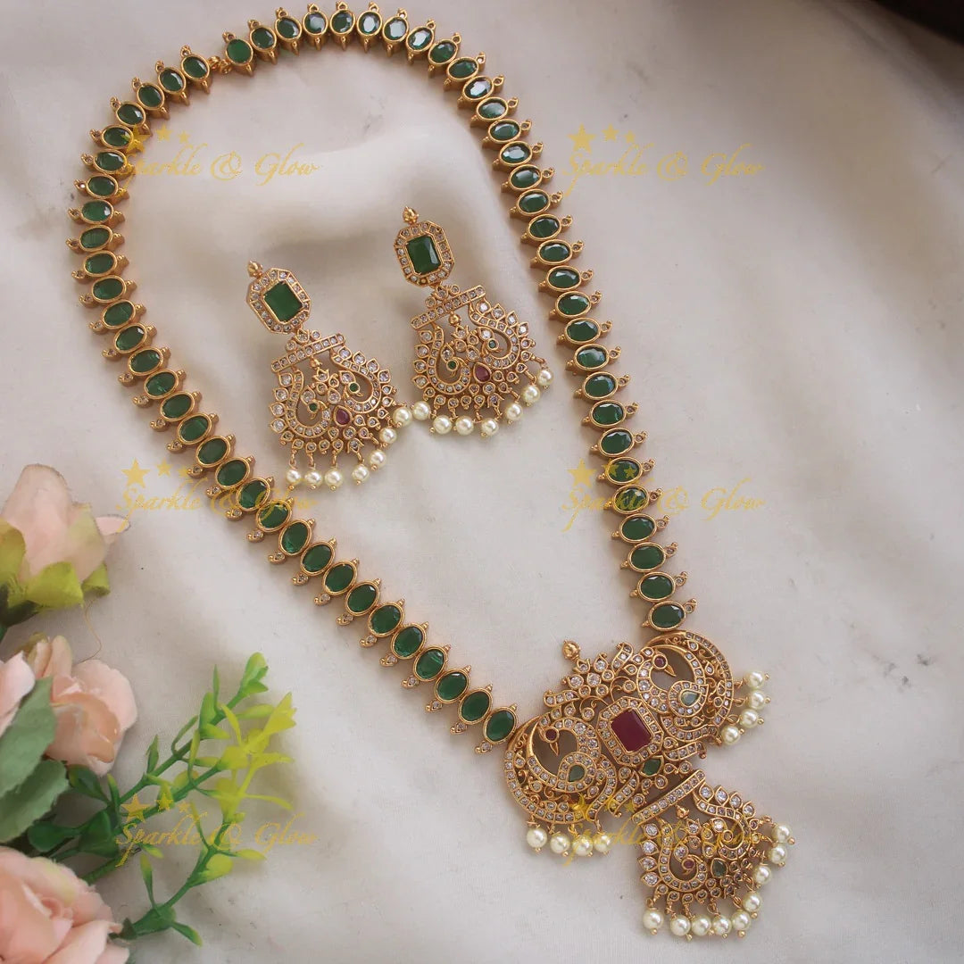 Statement Peacock pandent long necklace with oval ruby stones and pearl drops - red - Sparkle and Glow