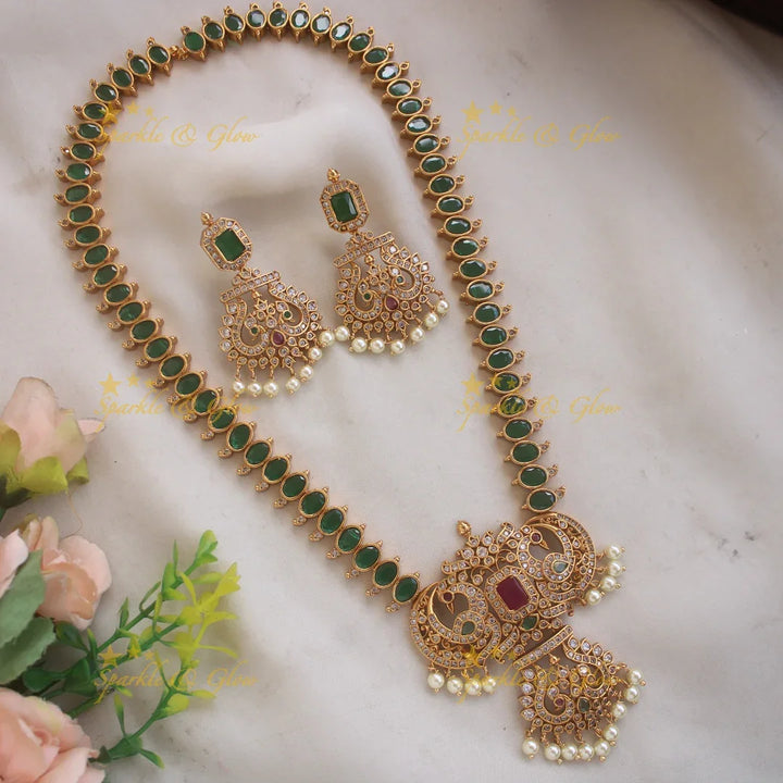 Statement Peacock pandent long necklace with oval ruby stones and pearl drops - red - Sparkle and Glow