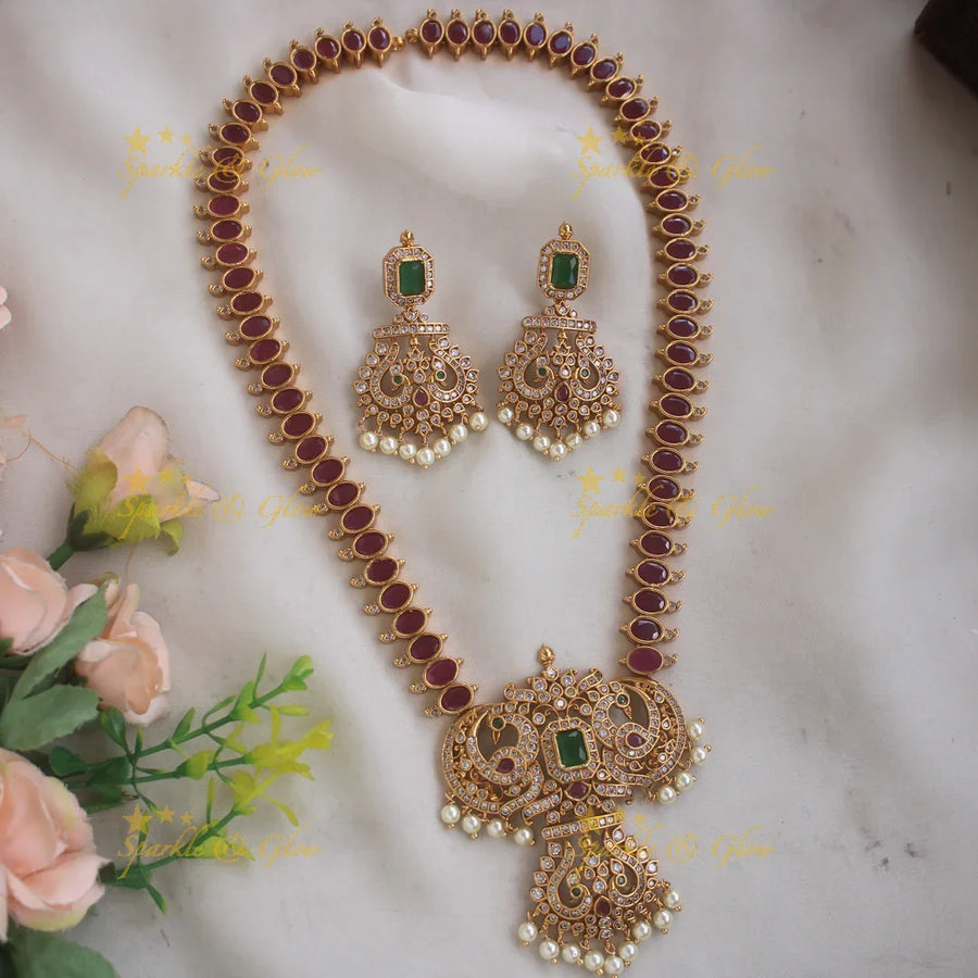 Statement Peacock pandent long necklace with oval ruby stones and pearl drops - red - Sparkle and Glow