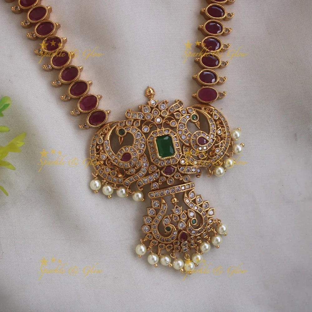 Statement Peacock pandent long necklace with oval ruby stones and pearl drops - red - Sparkle and Glow