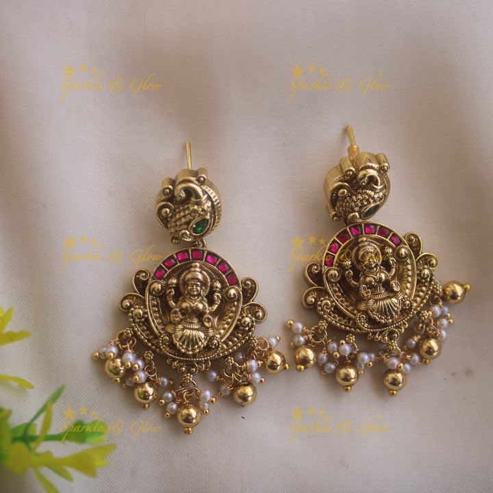 Grand intricate Lakshmi peacock carved jadau long necklace with ruby emerald stones and gold beads