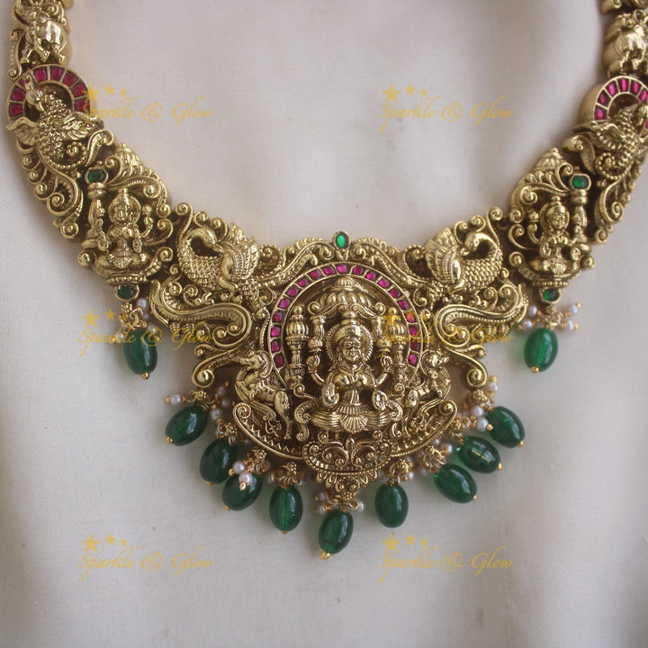 Beautiful Lakshmi peacock carved short necklace with kemp stones and green beads