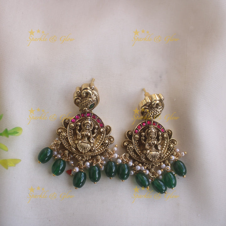 Beautiful Lakshmi peacock carved short necklace with kemp stones and green beads