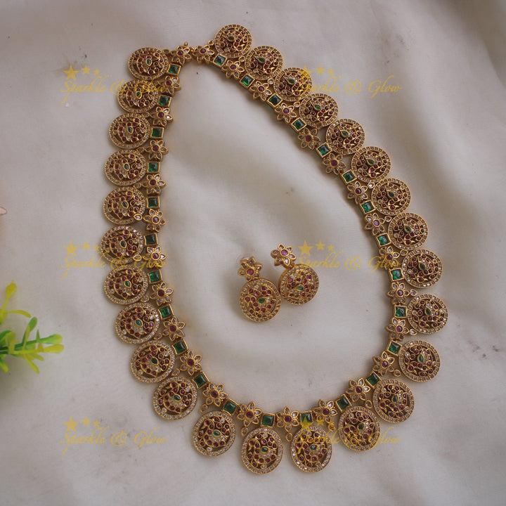 Elegant Peacock floral design bottu long necklace with CZ stones ruby and emerald