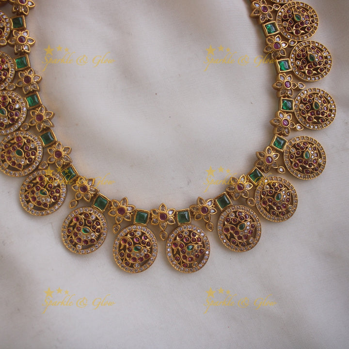Elegant Peacock floral design bottu long necklace with CZ stones ruby and emerald