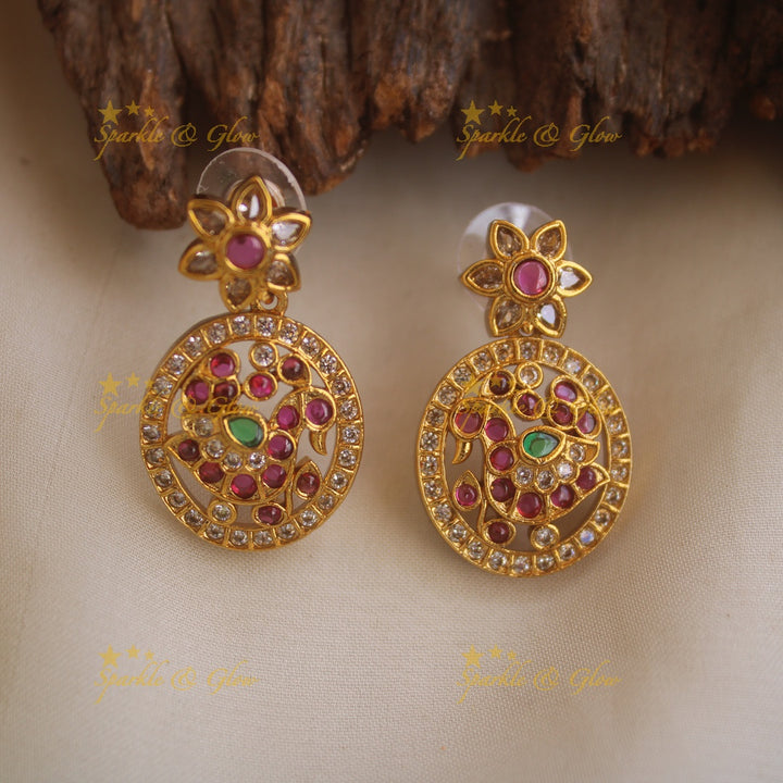 Elegant Peacock floral design bottu long necklace with CZ stones ruby and emerald