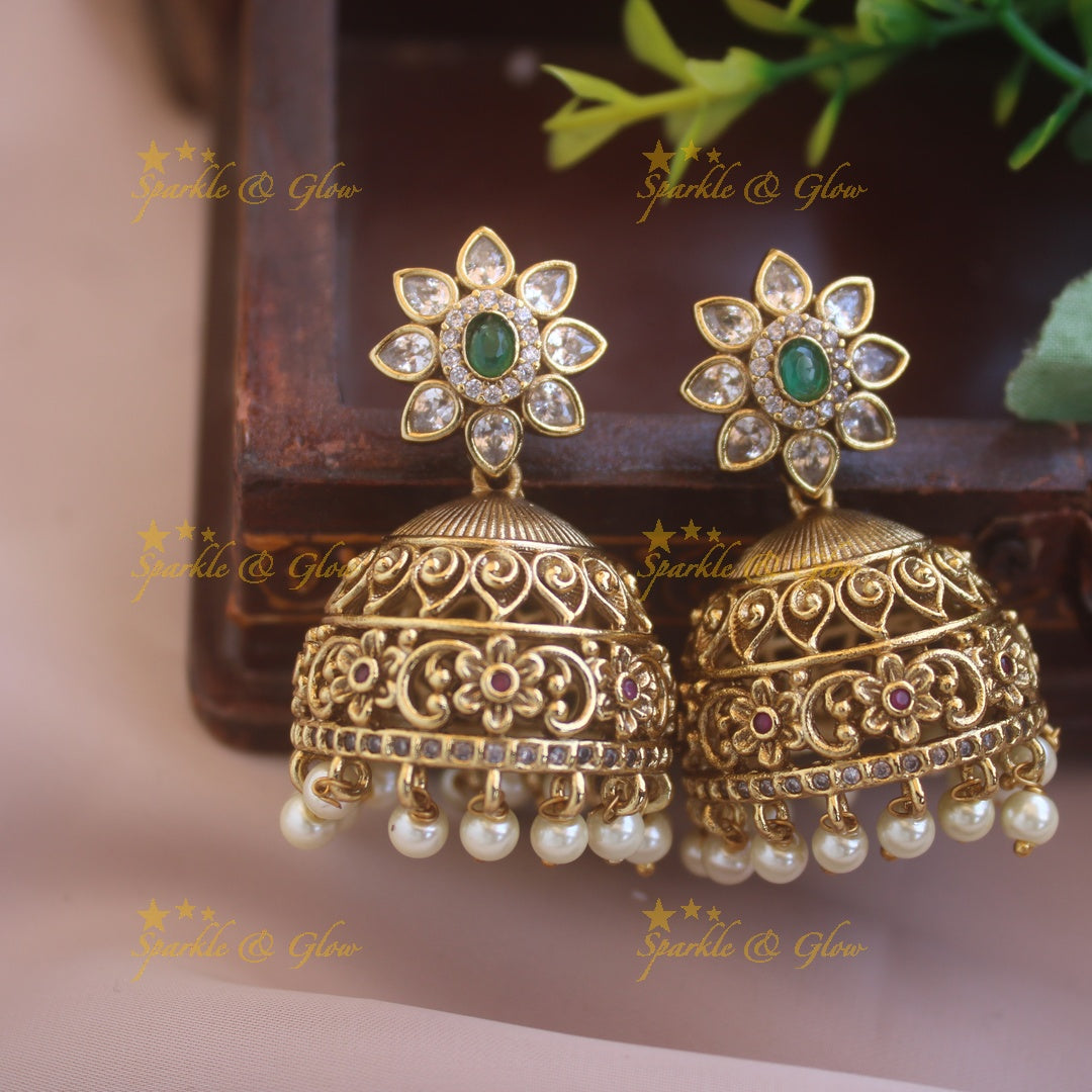 Gold alike floral design jumukas with CZ stones emerald and pearl drops