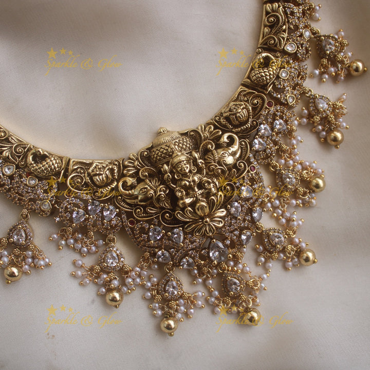 Beatiful Lakshmi elephant carved short necklace with CZ stones pearls and gold beads