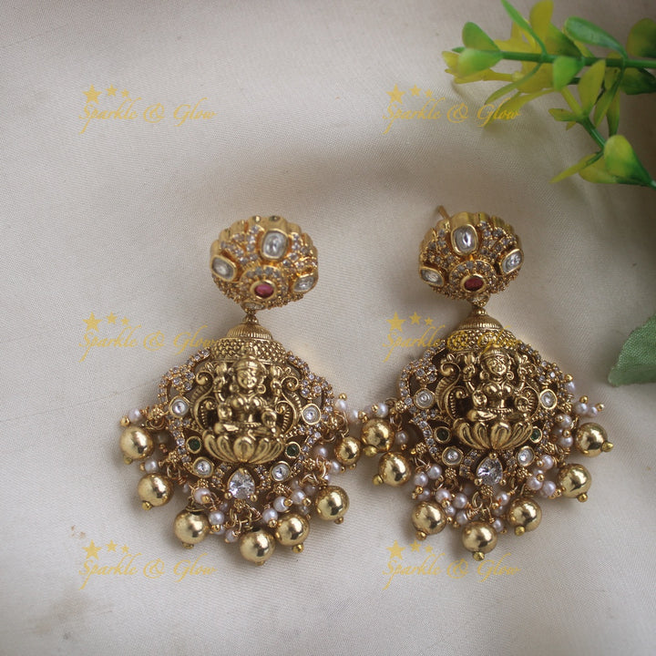 Beatiful Lakshmi elephant carved short necklace with CZ stones pearls and gold beads
