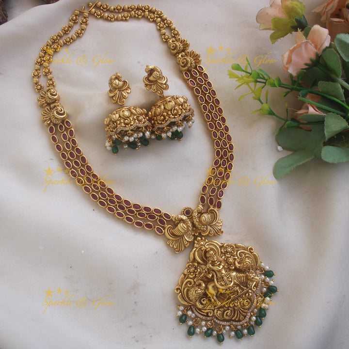 Exclusive Krishna playing flute and peacock carved layer long necklace with ruby stone pearls and green beads