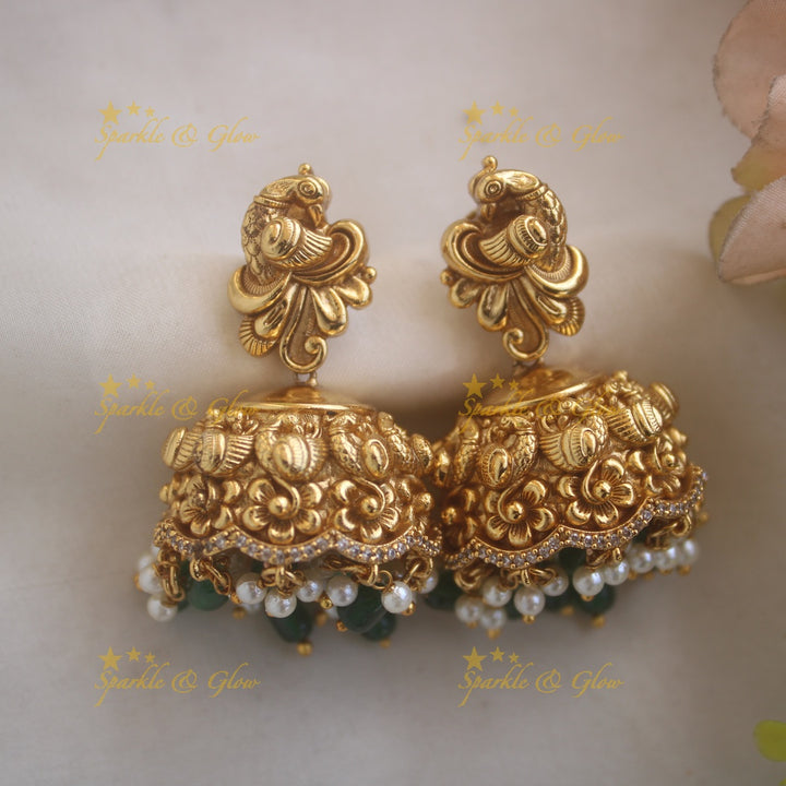 Exclusive Krishna playing flute and peacock carved layer long necklace with ruby stone pearls and green beads
