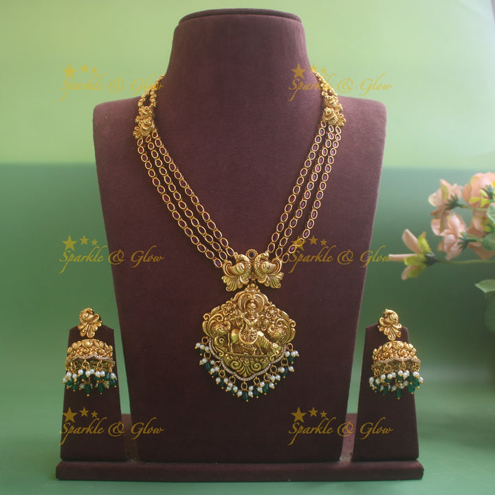 Exclusive Krishna playing flute and peacock carved layer long necklace with ruby stone pearls and green beads