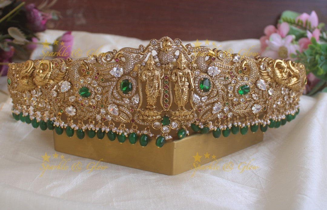 Sparkling Lakshmi Narayana Peacock carved Floral Hipbelt with Purple beads and AD stones