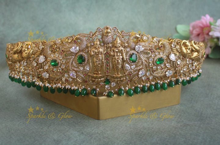 Sparkling Lakshmi Narayana Peacock carved Floral Hipbelt with Purple beads and AD stones