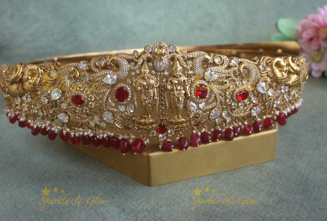 Sparkling Lakshmi Narayana Peacock carved Floral Hipbelt with Purple beads and AD stones