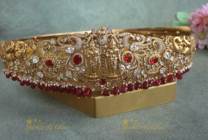 Sparkling Lakshmi Narayana Peacock carved Floral Hipbelt with Purple beads and AD stones