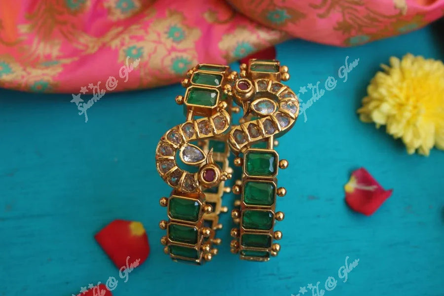 Gold alike antique polished emerald color stone peacock bangles a pair - 2.8 - Sparkle and Glow