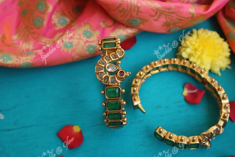 Gold alike antique polished emerald color stone peacock bangles a pair - 2.8 - Sparkle and Glow