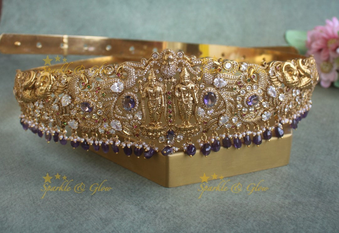 Sparkling Lakshmi Narayana Peacock carved Floral Hipbelt with Purple beads and AD stones