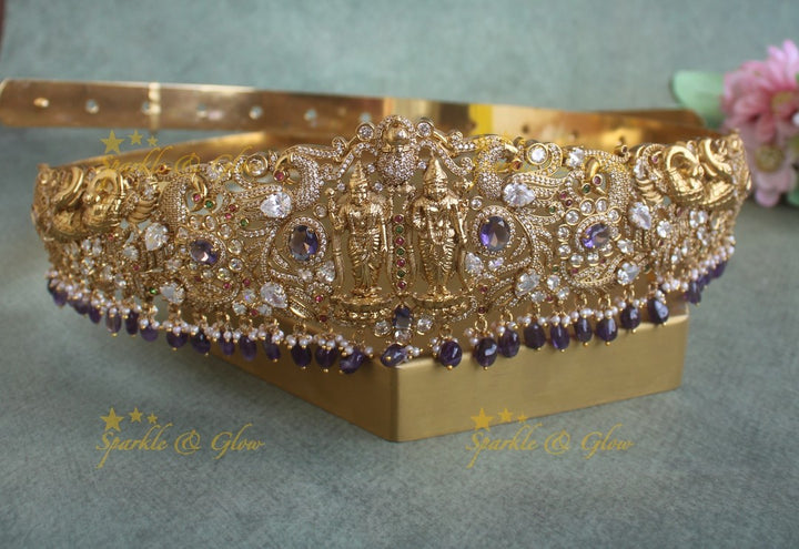 Sparkling Lakshmi Narayana Peacock carved Floral Hipbelt with Purple beads and AD stones