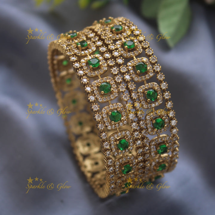 Sparkling Three line american diamond bangles with emerald stones a pair,  2.6