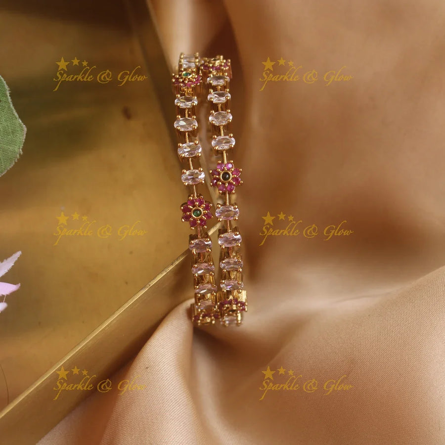 Elegant Floral design bangles with ruby and white stones a pair - Sparkle and Glow