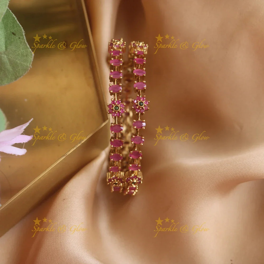 Elegant Floral design bangles with ruby and white stones a pair - Sparkle and Glow
