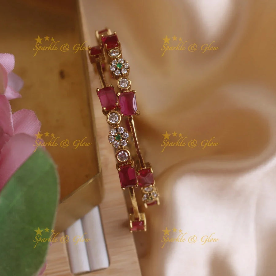 Stunning Floral design rectangle ruby stone bangles a pair, 2.4 - Sparkle and Glow