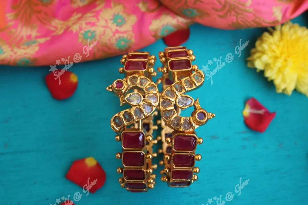 Gold alike antique polished emerald color stone peacock bangles a pair - 2.8 - Sparkle and Glow
