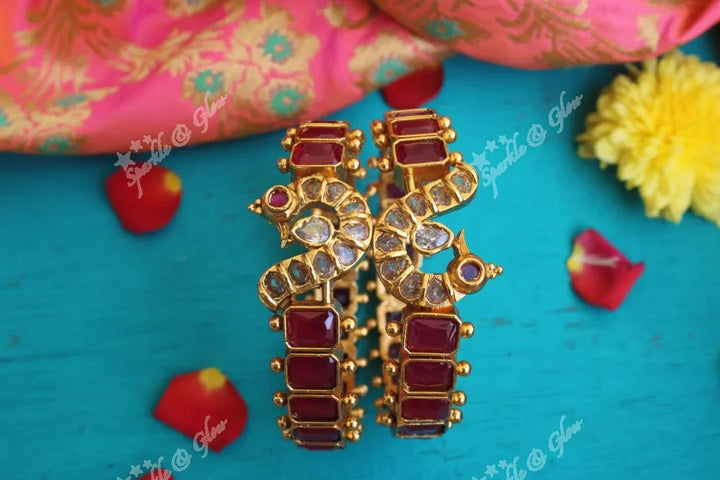Gold alike antique polished emerald color stone peacock bangles a pair - 2.8 - Sparkle and Glow
