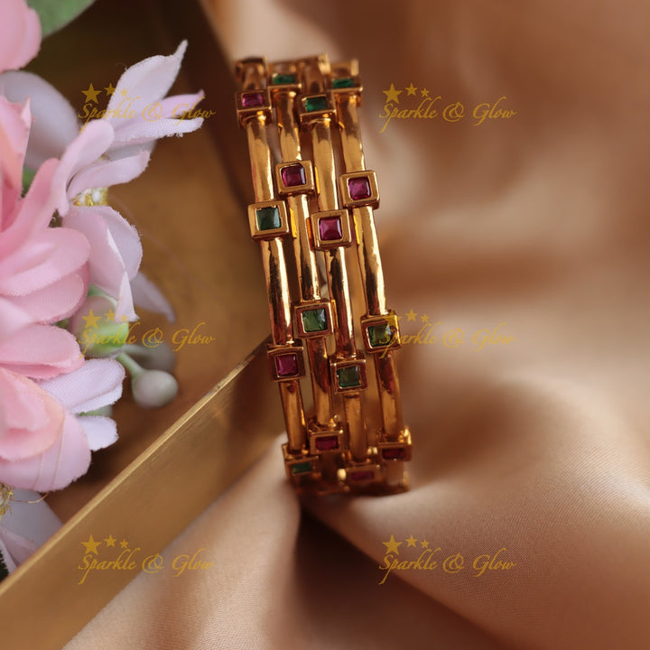 Gold alike Square stone bangles with ruby and emerald, two pairs ,