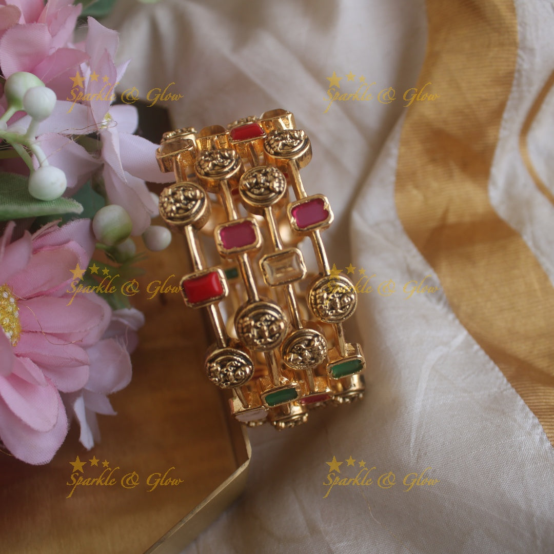 Stunning Lakshmi rectangle stone bangles with ruby emerald, two pairs